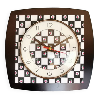 Horloge vintage pendule murale silencieuse "Damier noir blanc fleur"