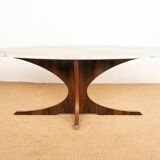 Oval coffee table in Carrara marble and rosewood, Hugues Poignant 1960