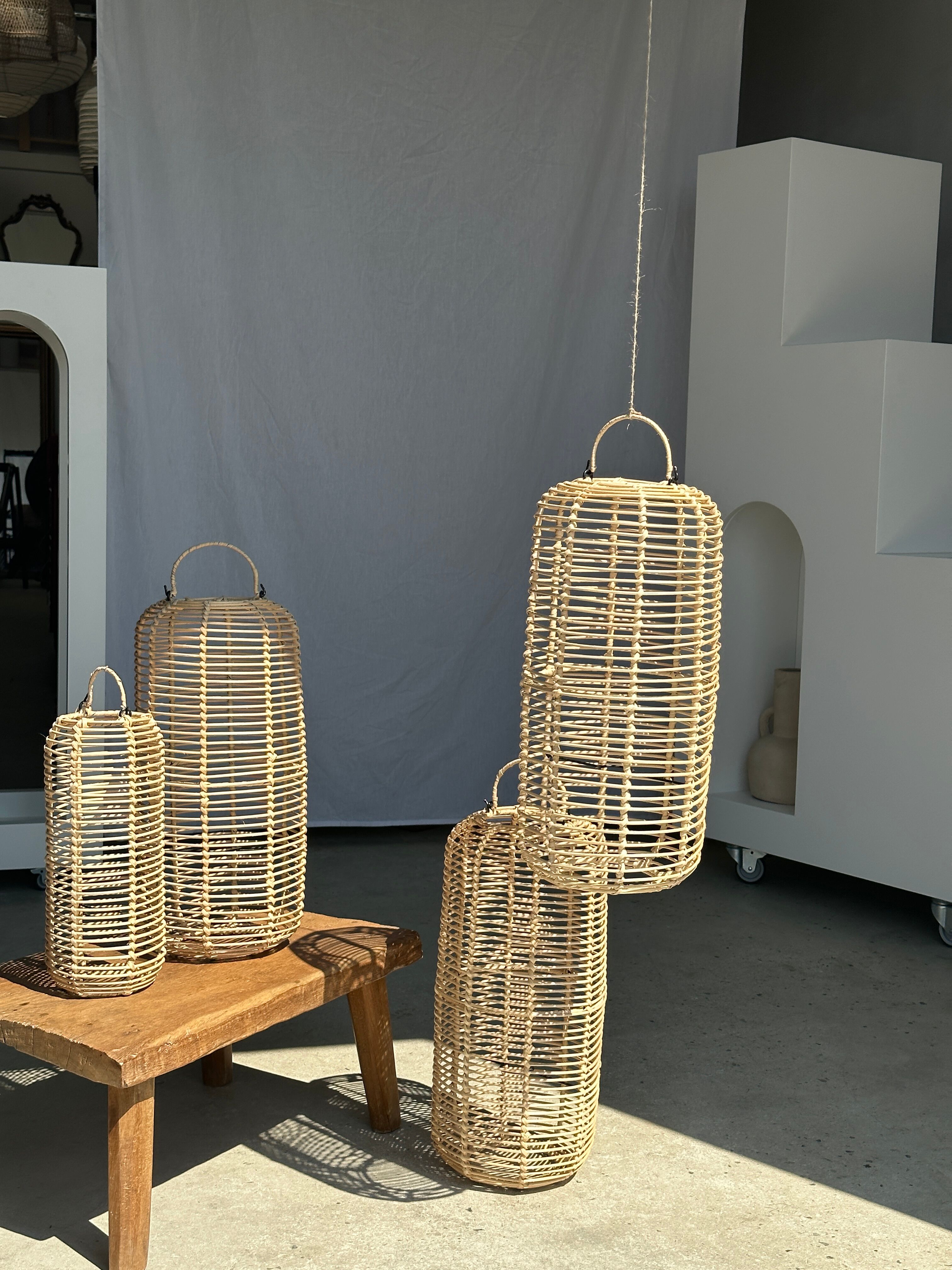 Large lantern-shaped rattan pendant lamp H50 D24