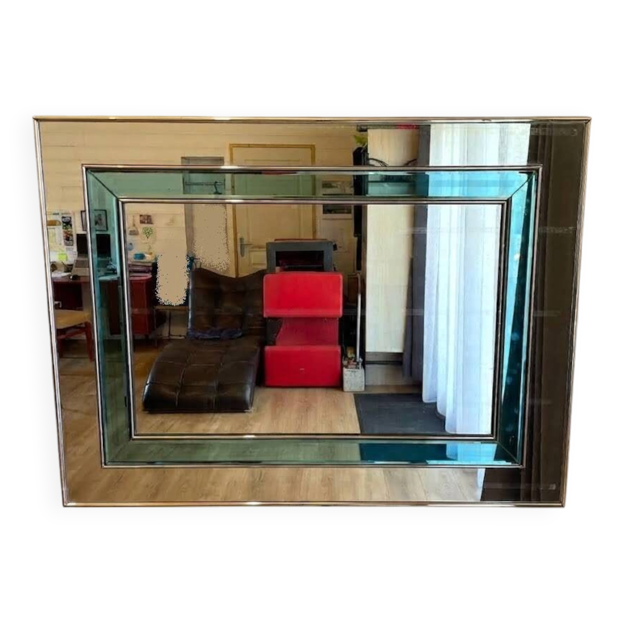 Vintage wall mirror Schöninger in silver and turquoise - Regency