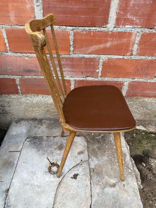 Chaise ancienne baumann western bois + assise skaï marron vintage