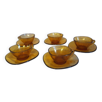 Set of 5 cups and saucers in vintage Vereco amber glass 70's