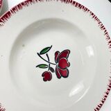 Set of 6 porcelain soup plates, Badonviller, red flower, 1950