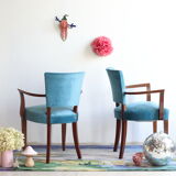Pair of bridge art deco chairs in blue velvet