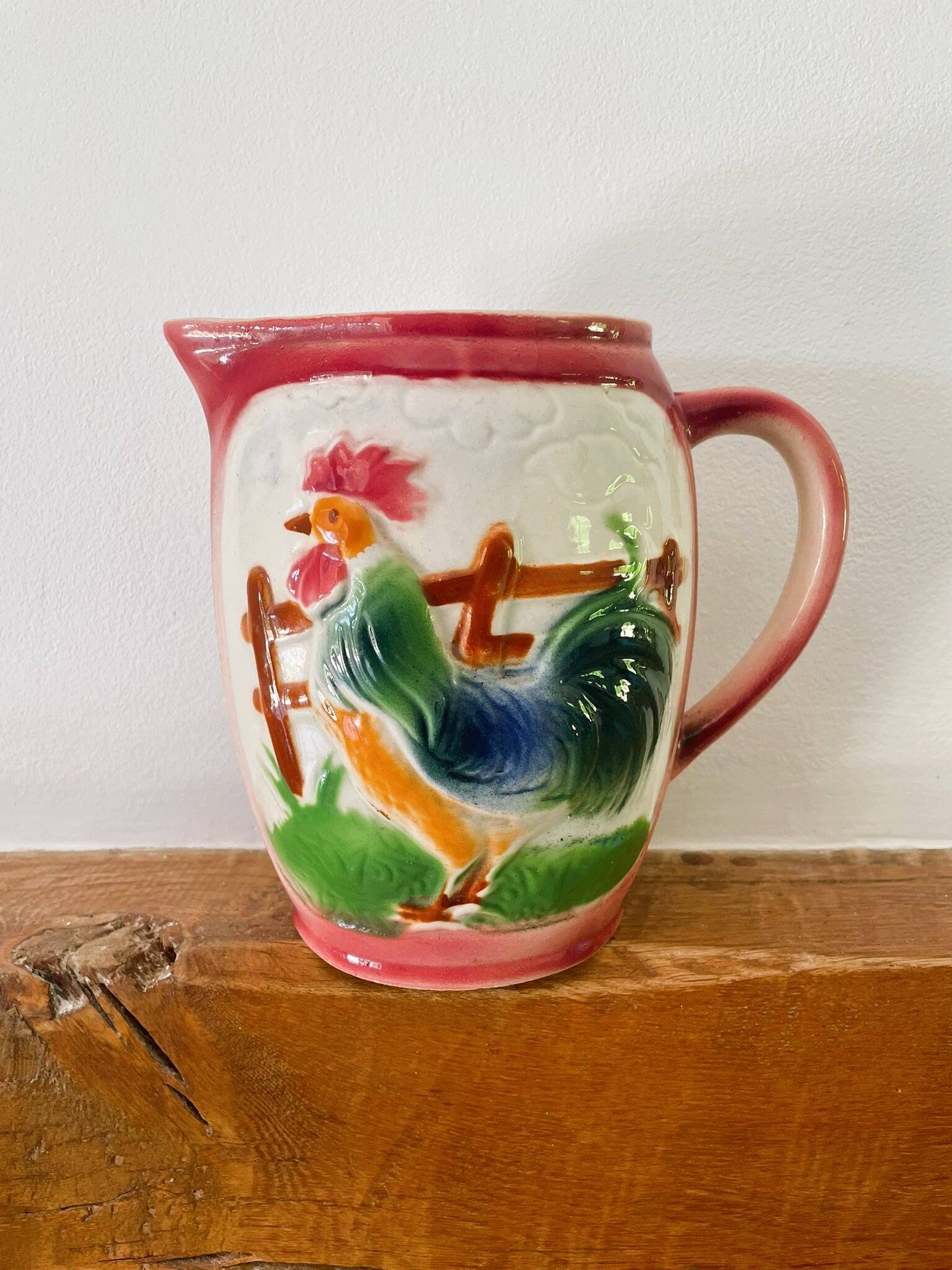 French earthenware rooster slip carafe / pitcher