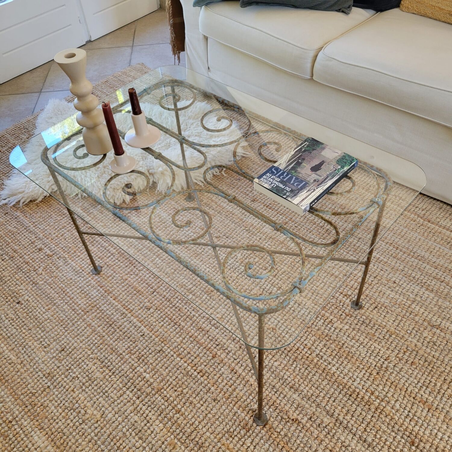 Wrought iron and glass coffee table