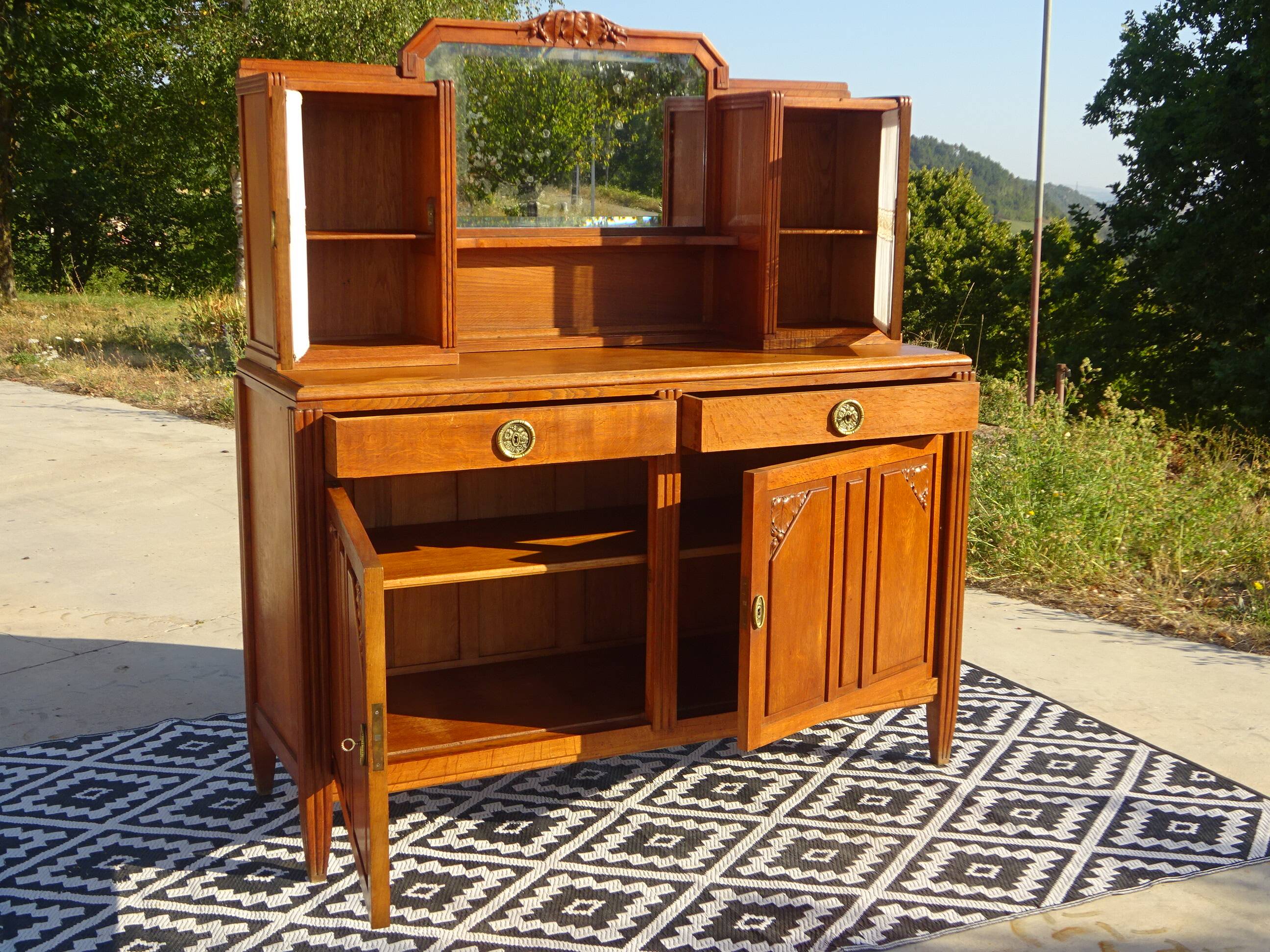 Vintage oak sideboard with sentry boxes and mirror