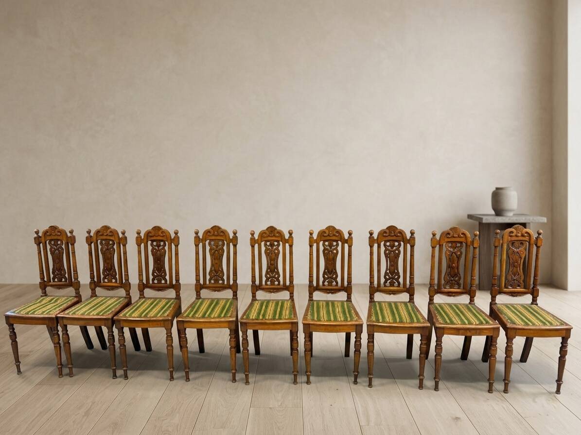 Set of 9 Renaissance Revival dining chairs, carved wood, Czechoslovakia, early 20th century