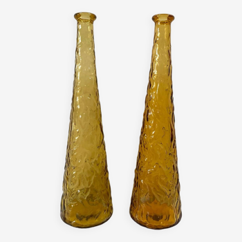 Duo de carafes d’Empoli Italie en verre ambré des années 60