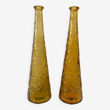 Duo of Empoli Italy carafes in amber glass from the 60s