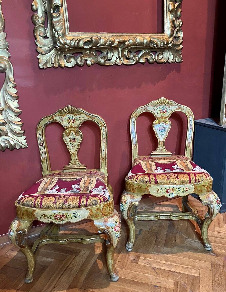 Venetian Lacquered Rococo-Style Armchairs with Hand-Painted Floral Décor and Theater-Inspired Upholstery, Set of 2