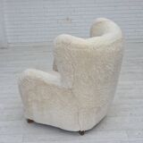 1960s, Danish design, reupholstered highback armchair, genuine sheepskin.