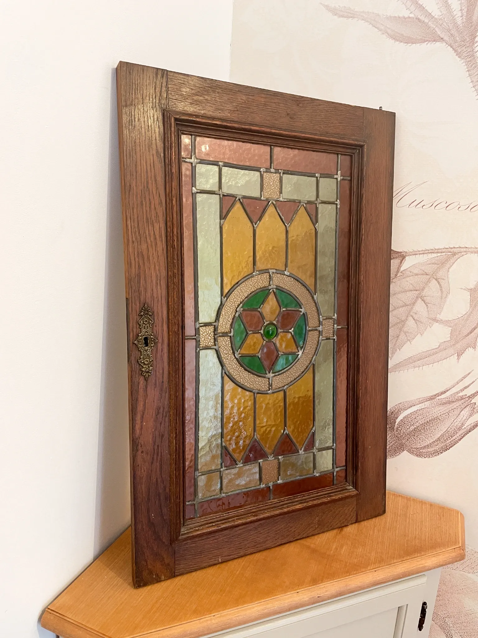 Rare - antique wooden furniture door with art nouveau stained glass