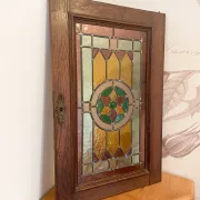 Rare - antique wooden furniture door with art nouveau stained glass