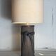 Grande lampe de table pilier en bambou et rotin en roseau, abat-jour bouclé, Italie années 1970