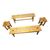 Ensemble 2 bancs et 2 tabourets en pin style montagnard 1970