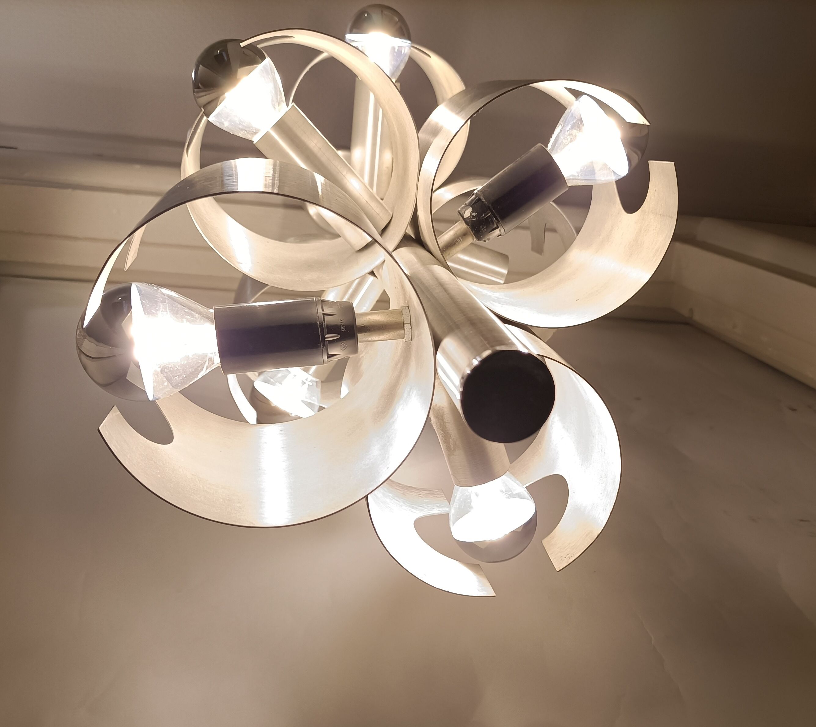 Chandelier with 7 lights in brushed aluminum, Italy 1970 Vintage