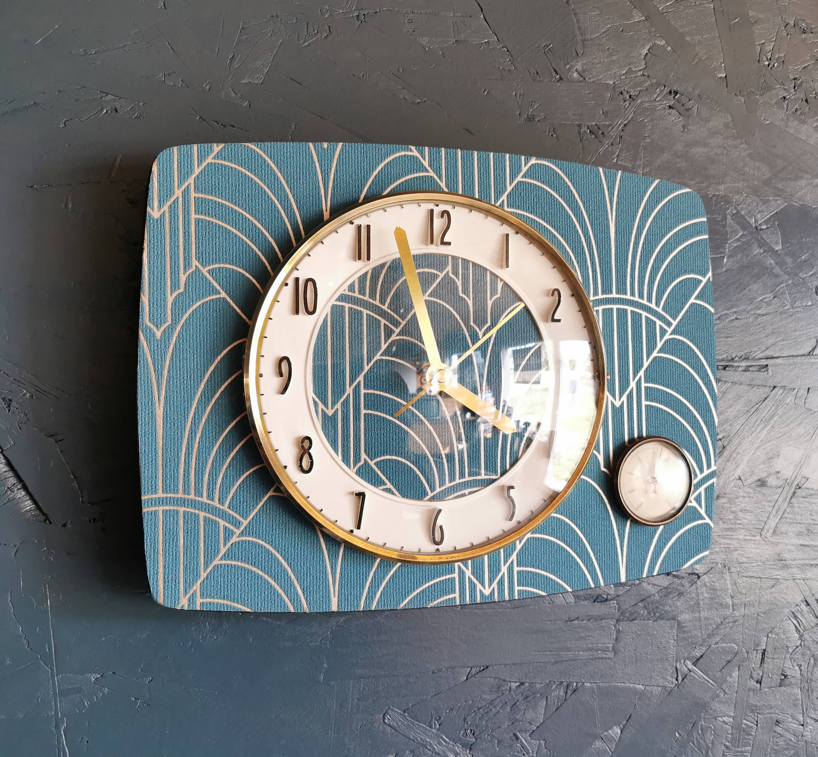 Vintage thermometer clock rectangular silent wall pendulum "Golden blue"