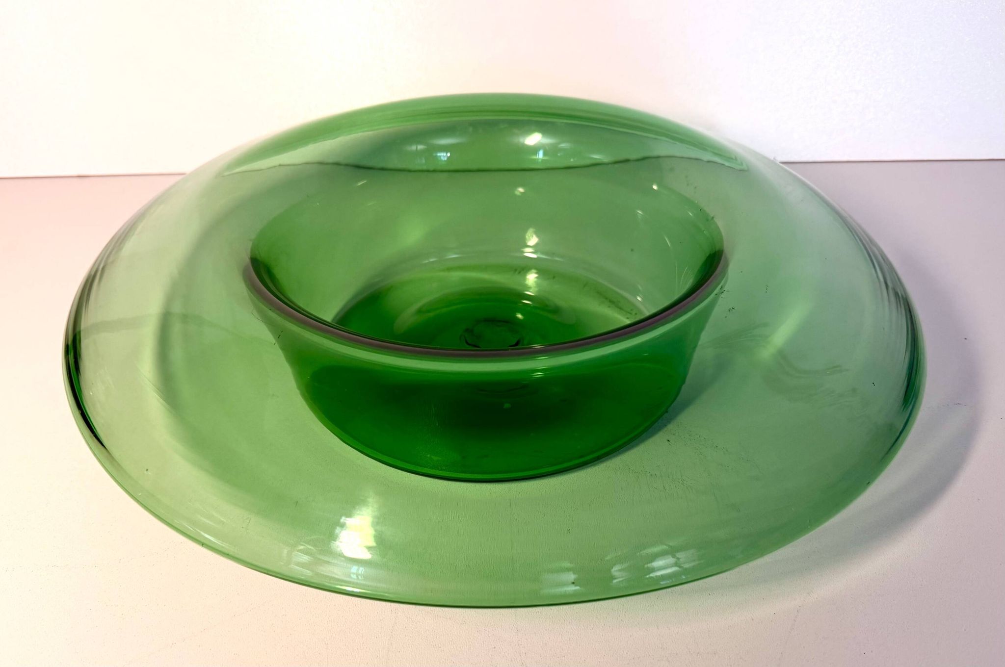 Vintage Hand Blown Green Glass Centerpiece Bowl, Empoli, Italy, 1970s