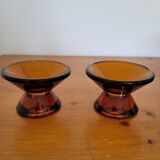 Pair of geometric amber glass candlesticks