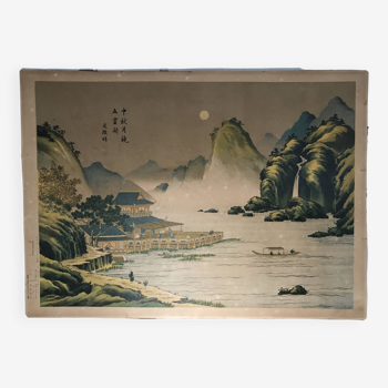 Ancienne estampe d’Asie à décor de paysage et de pavillon japonais, XIXème