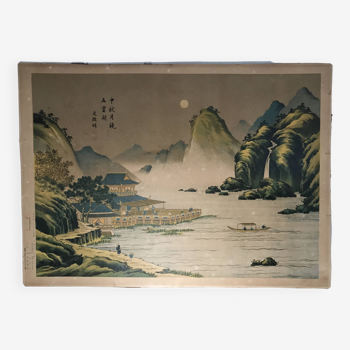 Antique ASIAN PRINT with LANDSCAPE and Japanese Pavilion Decor, 19th Century