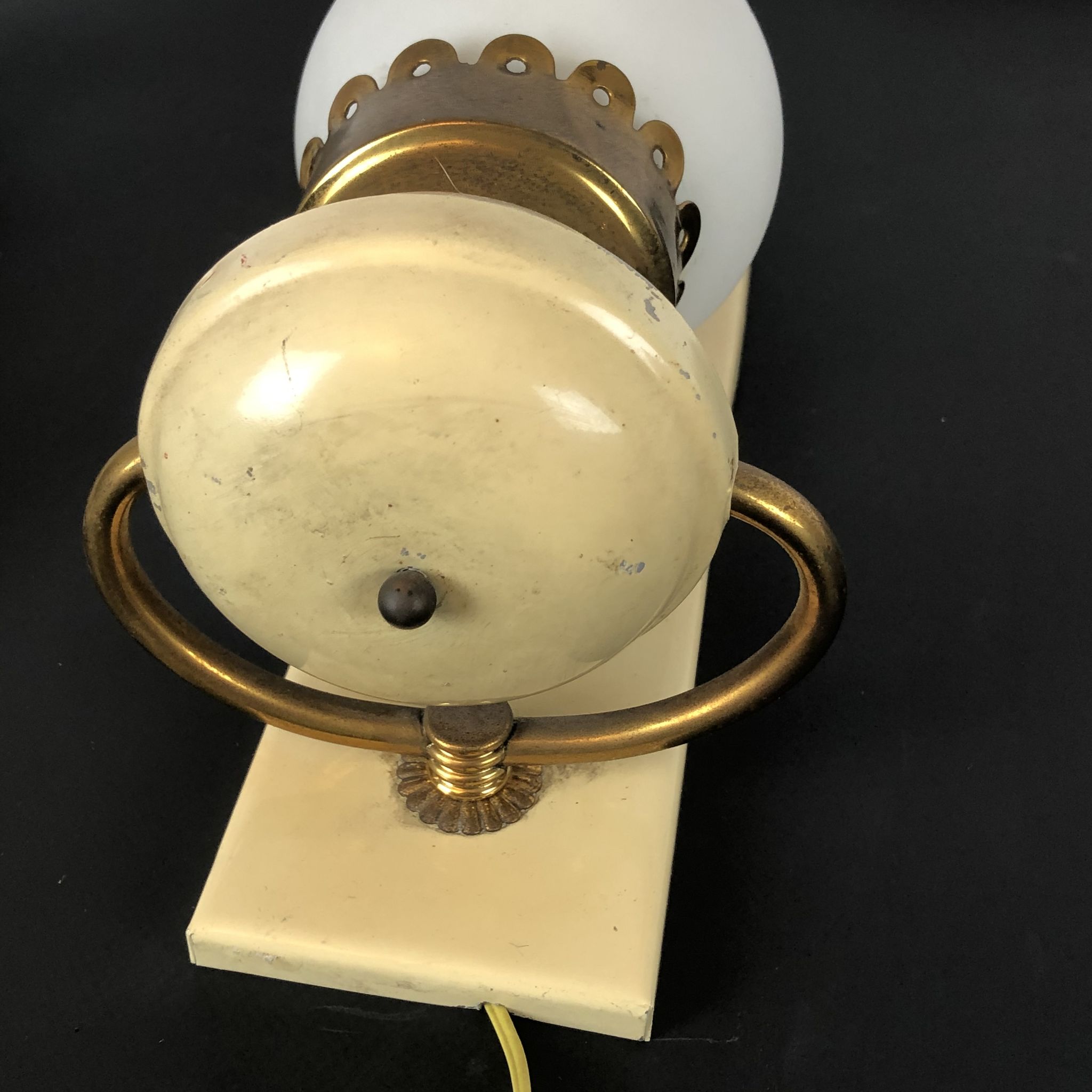 Vintage Italian brass, lacquer and opaline glass sconces from 50s. Set of two