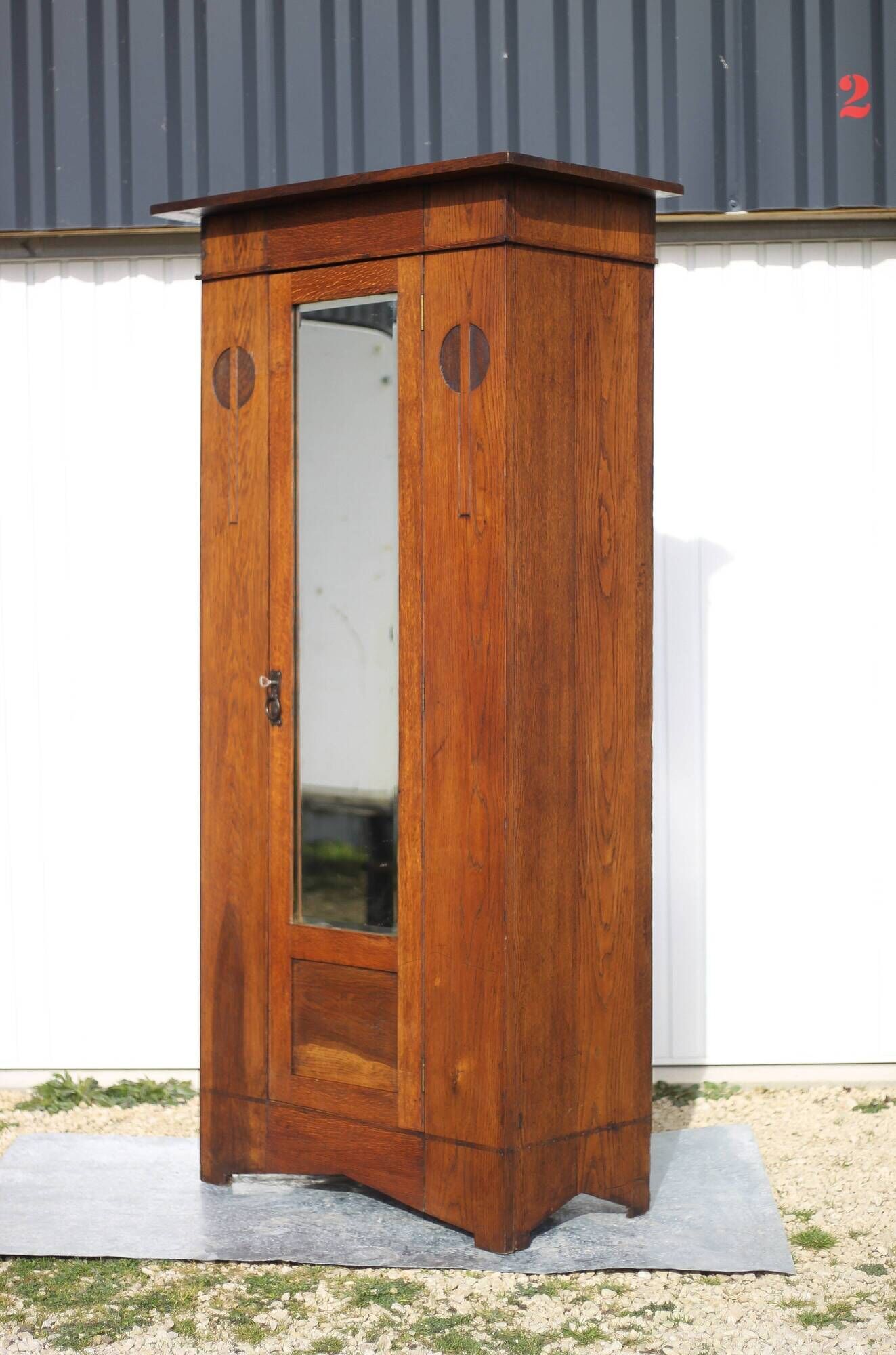 Vintage wardrobe, 1-door wooden wardrobe with beveled mirror, hanging wardrobe