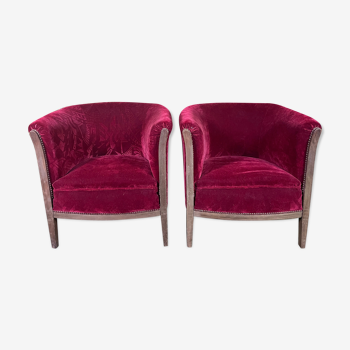 Paire de fauteuils bergères époque Art Déco velours rouge