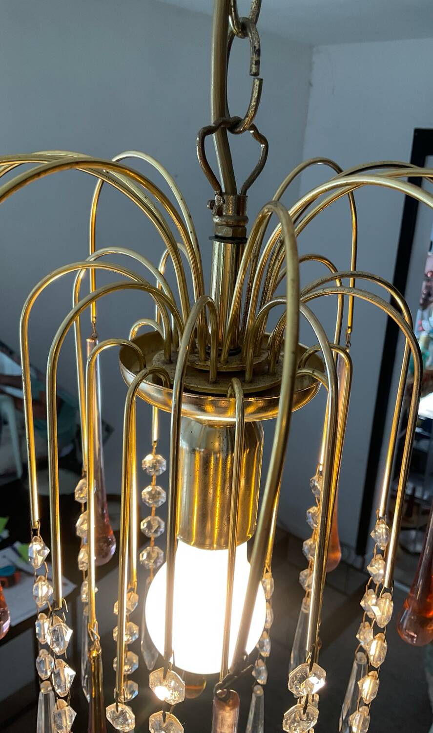 Vintage brass chandelier with glass drop pendants