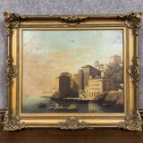 Italian school painting from the 19th century around 1800: oil on canvas, view of a lively port