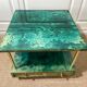 Aldo Tura side table in aqua green with brass legs and lower drawer.