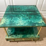 Aldo Tura side table in aqua green with brass legs and lower drawer.