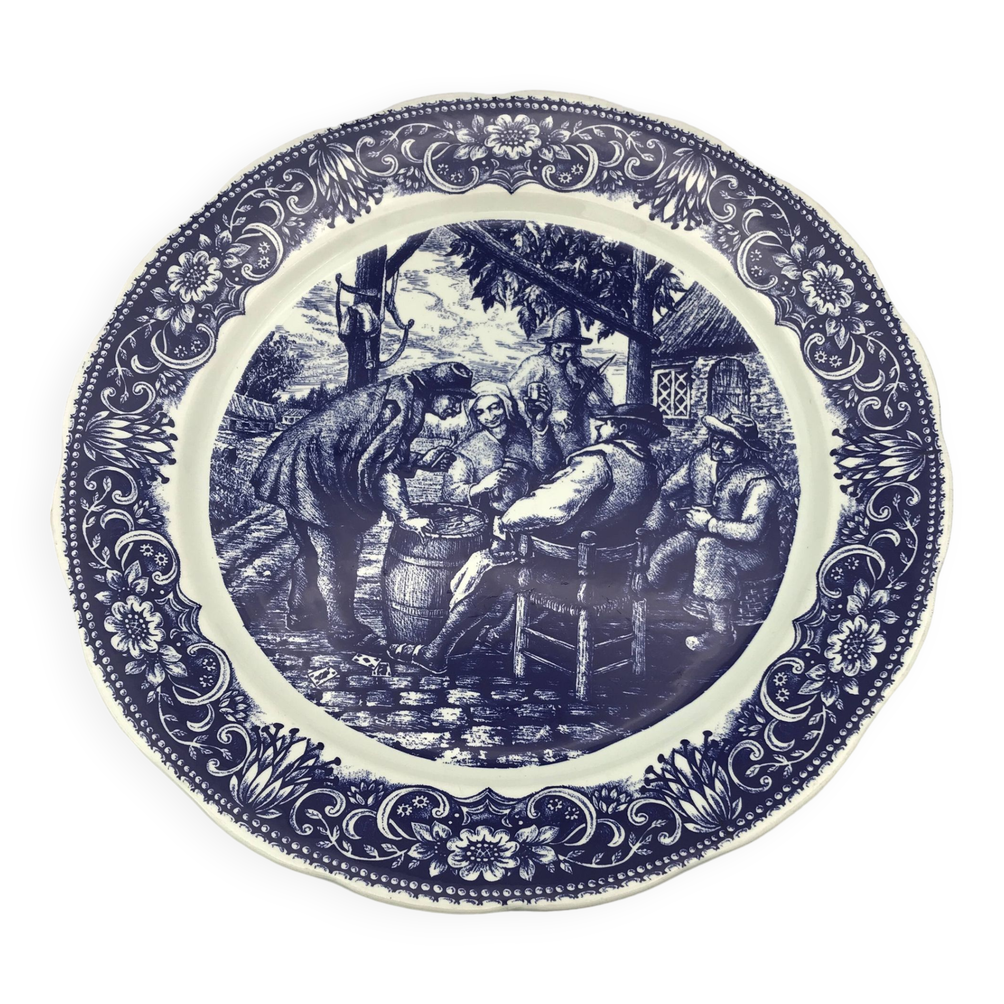 Blue enamelled earthenware wall dish with peasant scene decor Boch La Louvière