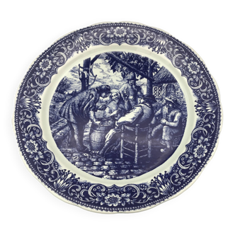 Blue enameled earthenware wall dish peasant scene decor boch la louvière