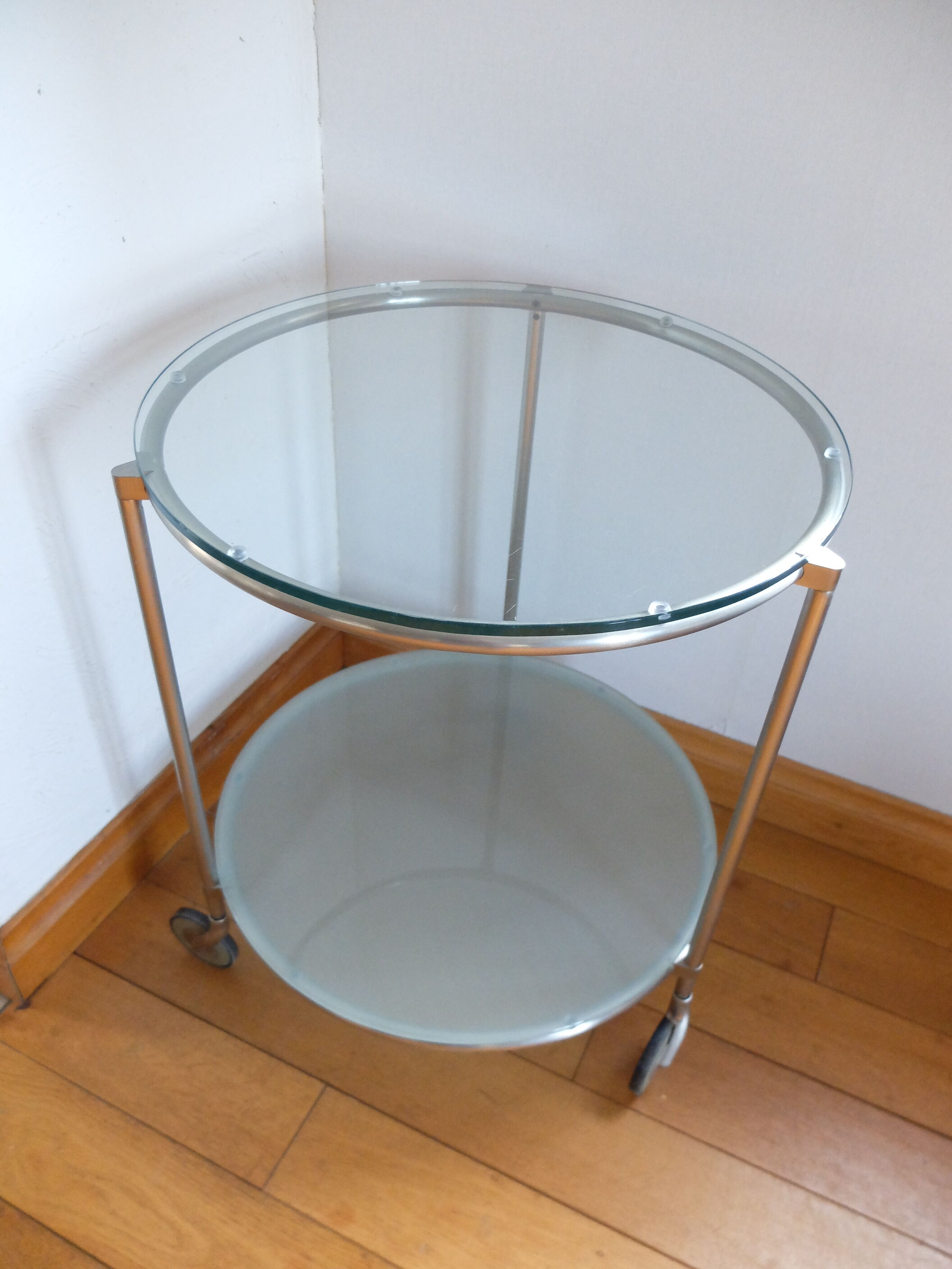 1970s stainless steel pedestal table with two glass tops