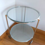 1970s stainless steel pedestal table with two glass tops