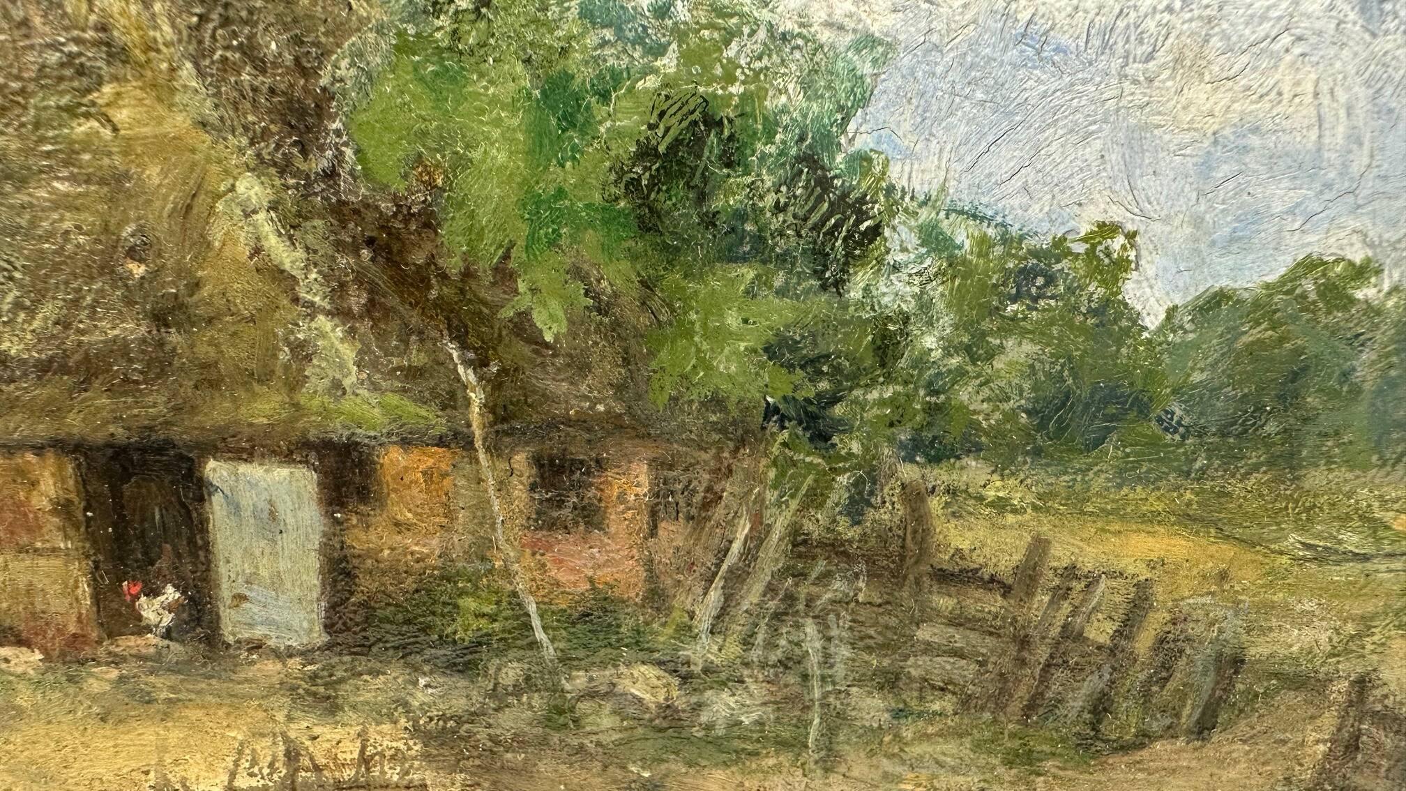 Petite huile sur toile vintage "La ferme et sa basse-cour "