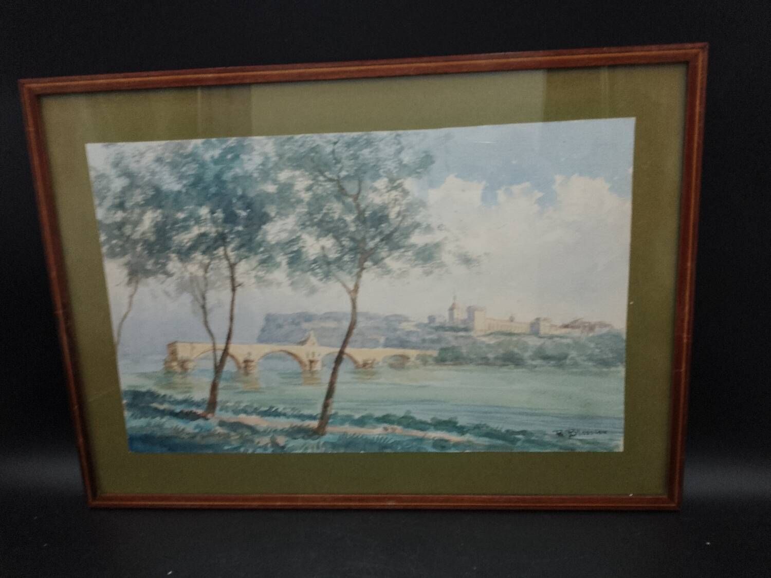 Watercolor painting signed r. blossier avignon the benezet bridge framed