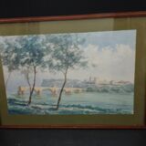 Watercolor painting signed r. blossier avignon the benezet bridge framed