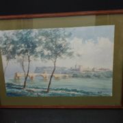Tableau peinture aquarelle signé r. blossier avignon le pont benezet encadré