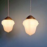 Pair of Art Deco pendant lights in pressed white opaline glass, 1920-30