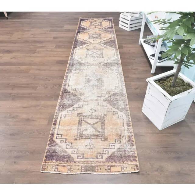 1960s Turkish Hand-Knotted Geometric Runner Rug 80x386