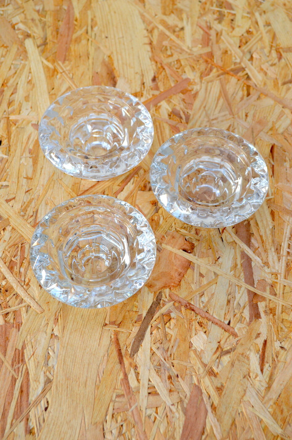 Trio of carved glass candle holders