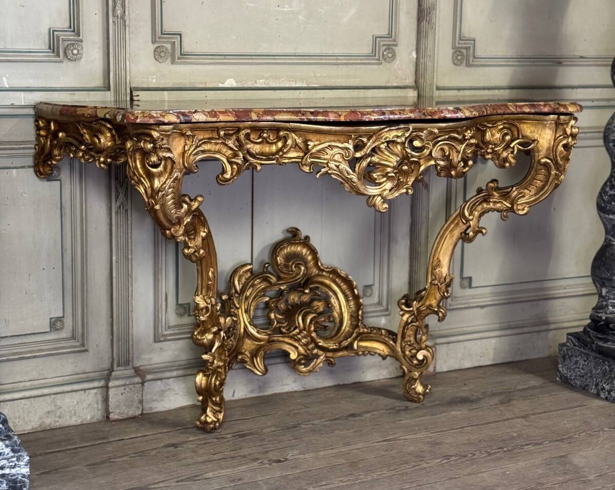 Important Louis XV Console in Carved and Gilded Wood, Breccia d'Aleppo Marble,