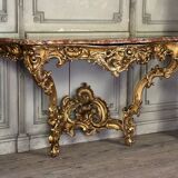 Importante Console Louis XV En Bois Sculpté Et Doré, Marbre Brèche D’alep,