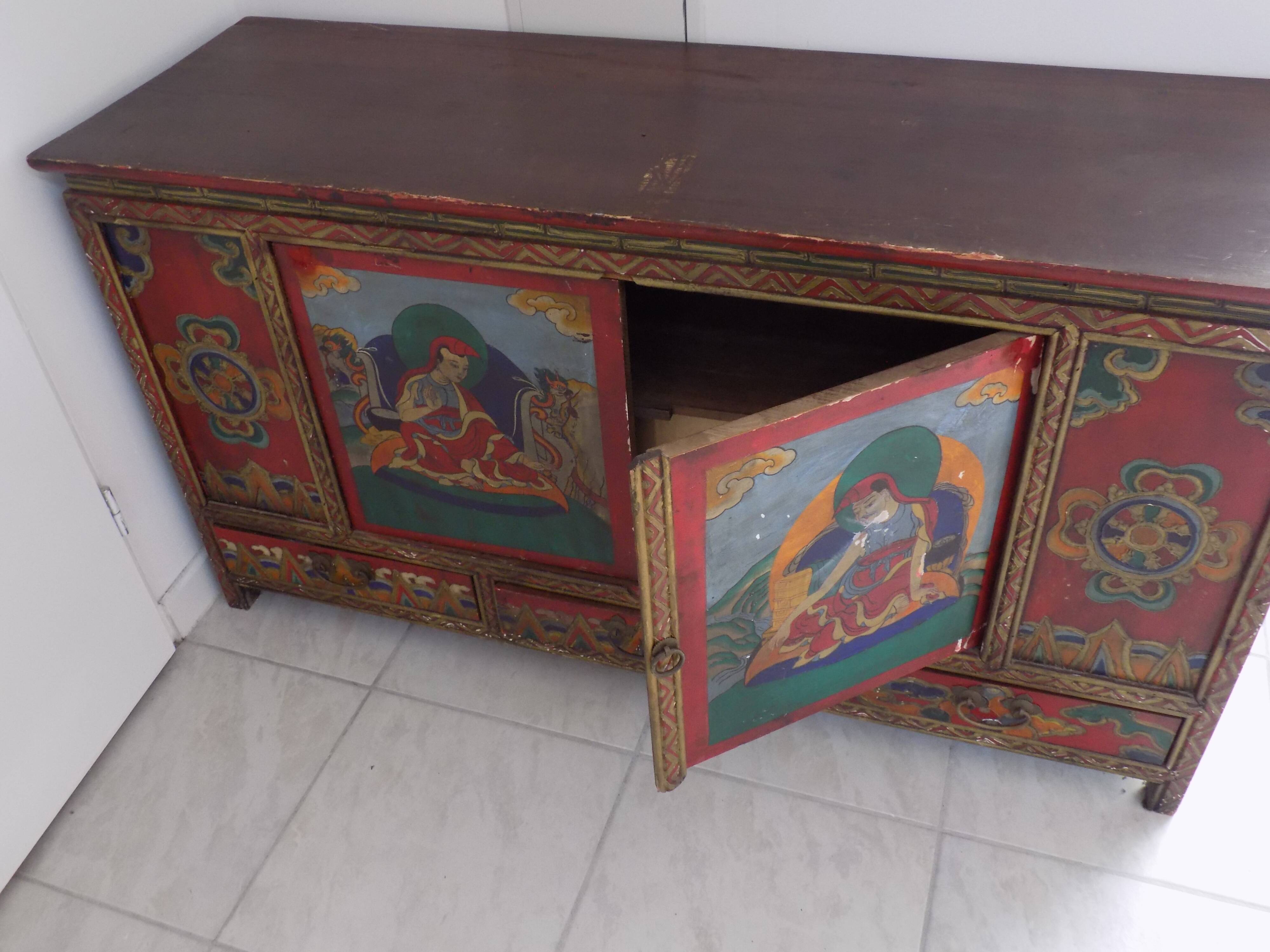 Hand-painted Nepalese Buddha sideboard with storage in the 70s