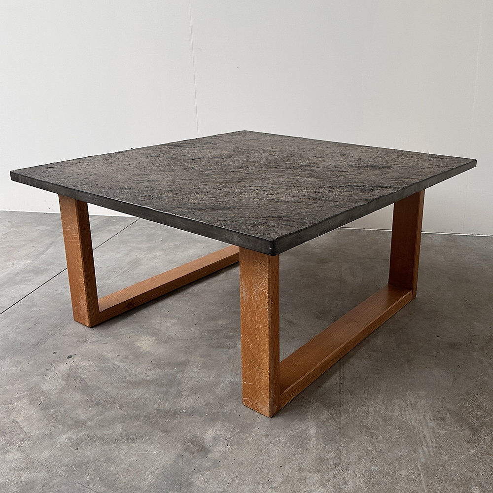 Vintage Belgian slate & oak coffee table, 1970s