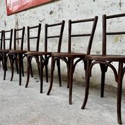 Set of 7 old Baumann bistro chairs in curved wood with round seat