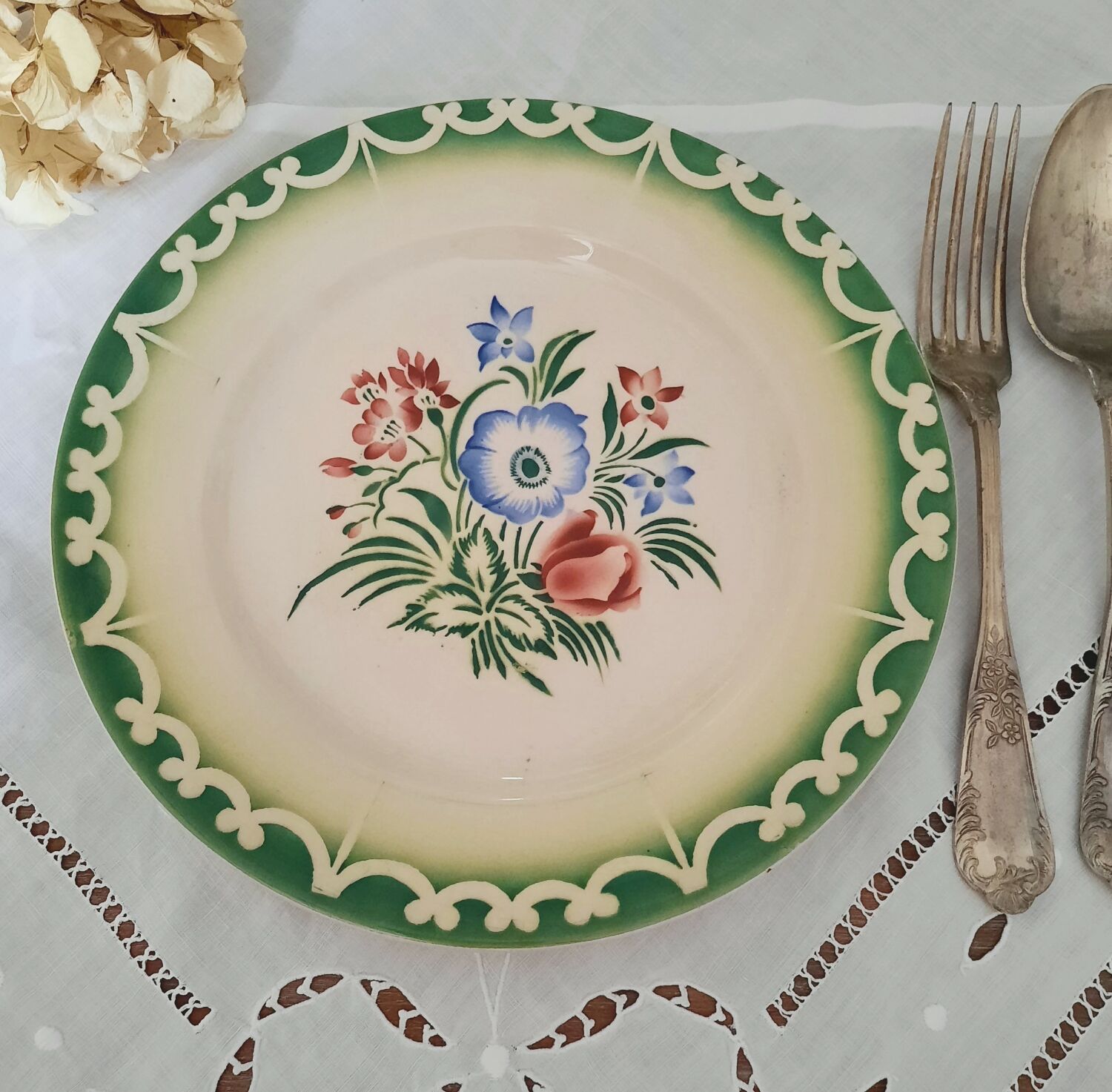 6 old flat plates mismatched in earthenware